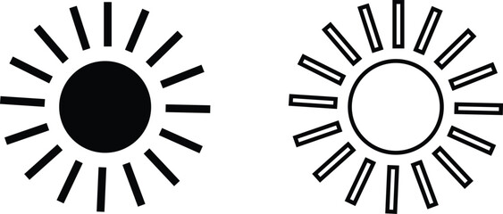 Fototapeta premium Sun icon set, sunshine and solar glow sunrise or sunset. Decorative circle full and half sun and sunlight. Hot solar energy for tan. Vector sun light sign collection isolated on transparent background