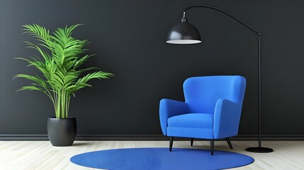Blue armchair, Modern armchair, Minimalist interior, Blue armchair in a modern minimalist interior with black wall and floor lamp