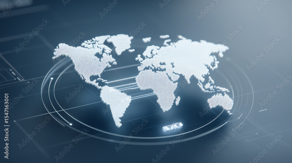 Poster Futuristic world map design with digital elements, representing global connectivity and modern technology in a sleek, minimalist style.