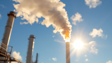 Industrial smokestacks emit large plumes of smoke into the blue sky, highlighting environmental impact and industrial processes.