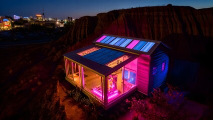 Futuristic Eco-Cabin at Night, Illuminated with Vibrant Pink and Blue Lights