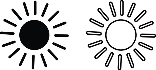 Sun icon set, sunshine and solar glow sunrise or sunset. Decorative circle full and half sun and sunlight. Hot solar energy for tan. Vector sun light sign collection isolated on transparent background