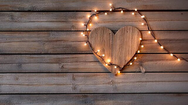 Wooden heart shape with string lights glowing on a rustic timber background copy space horizontal