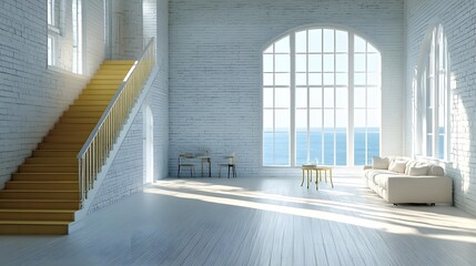 Fototapeta premium Loft apartment, Modern apartment, Bright interior, Bright Modern Loft Apartment with Ocean View