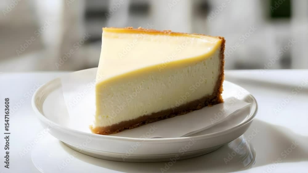 Poster a slice of cheesecake on a plate, featuring a smooth top layer and a crumbly crust.
