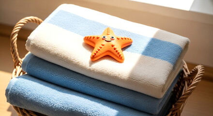 Clean striped beach towels and starfish toy in wicker basket