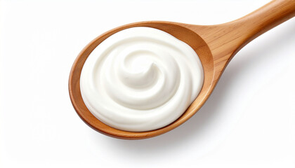 Swirl of sour cream on wooden spoon over white background, dairy food close-up for culinary use