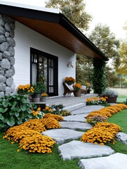 Modern Farmhouse with Stunning Autumnal Landscaping and Stone Pathway