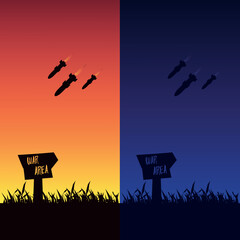 War Zone Missiles Silhouetted Against Sunset and Night Skies