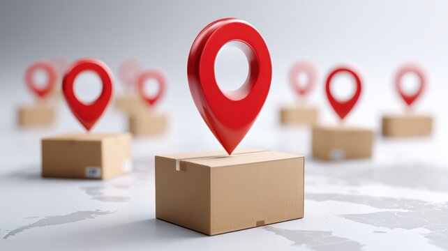 Ecommerce, Online Business, delivery box. Delivery and location markers on packages for efficient shipping logistics.