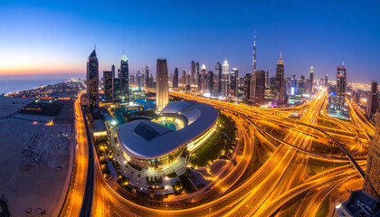 Wide angle view of Museum of the Future and Dubai skyline from Sheikh Zayed Road, UAE