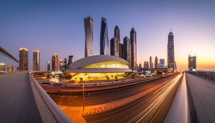 Wide angle view of Museum of the Future and Dubai skyline from Sheikh Zayed Road, UAE