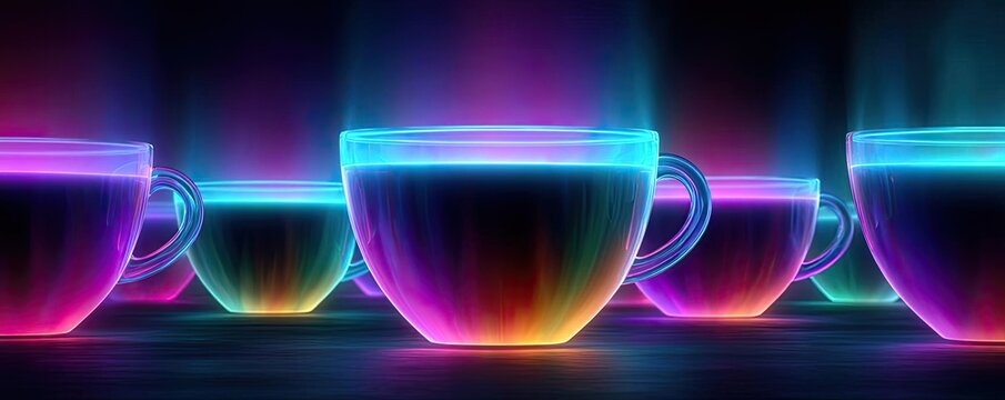 First sip with mellow coffee props concept. Vibrantly colored glowing cups emitting steam in dark background.