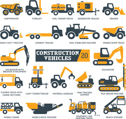 Construction Vehicles Vector Set – Heavy Machinery Icons for Industrial Projects