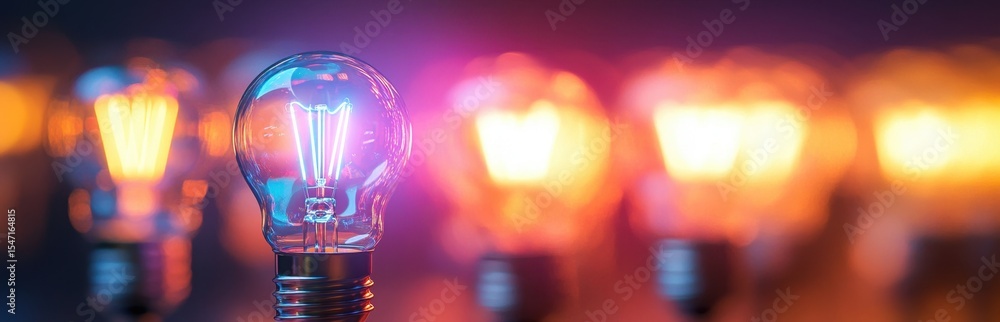 Poster this close-up image features a glowing light bulb with vibrant colors in the background, showcasing 