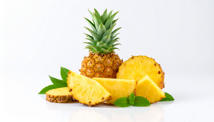 Whole Pineapple with Crown and Sliced Pieces on White Background for Tropical Food Presentation
