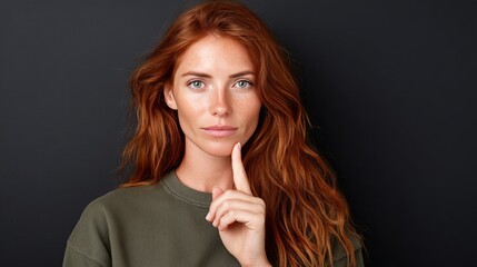Confident young woman with red hair and green shirt posing thoughtfully against a dark background