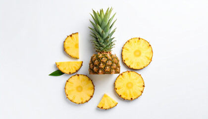 Whole Pineapple with Crown and Sliced Pieces on White Background for Tropical Food Presentation