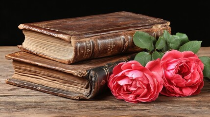 Vintage books with pink roses on a wooden surface create a nostalgic and romantic atmosphere