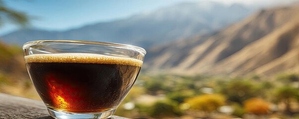 Caffeine kick from first sip and travel coffee stop concept. A close-up of a coffee cup against a beautiful mountain backdrop.