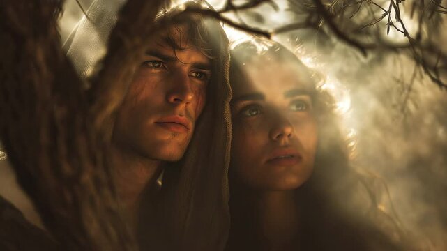 Photorealistic depiction of Adam and Eve hiding from God, shrouded in mist and light. The mood is tense and contemplative, reflecting themes of innocence and fall in the book of Genesis.