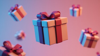 Obraz premium A Festive Arrangement of Colorful Gift Boxes with Elegant Ribbons Floating in a Soft Gradient Background, Perfect for Celebrations and Special Occasions.