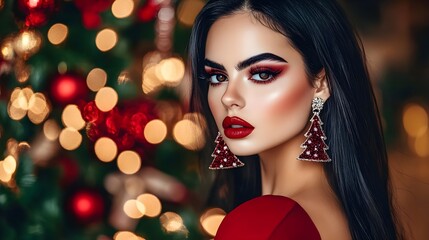 Woman, Girl, Female, Glamorous Woman in Red Dress with Christmas Tree Earrings
