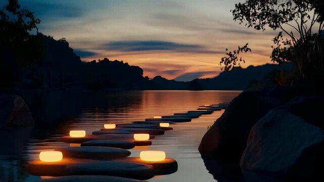 A tranquil scene featuring glowing stones on water, leading towards a sunset with silhouettes of distant hills and trees.
