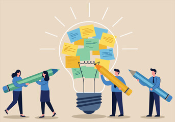 Team Collaboration with Ideas, Creative Thinking, Lightbulb, Post-it Notes, Brainstorming, Innovation, Planning, Teamwork, Problem Solving, Strategy, Conceptualization