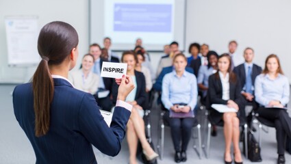 Empowering Engagement: A Speaker Presents the Theme of Inspiration to an Attentive Audience in a Professional Setting