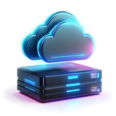 3D icon of a cloud server with a blue light effect on a background, file