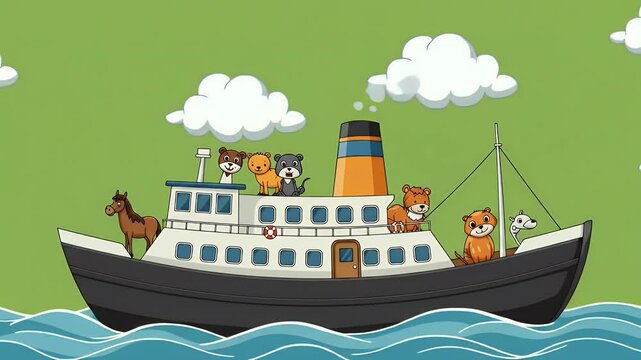 Animals traveling on a cartoon ship