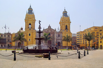 Cathedral of Lima and Fountain in Plaza Mayor, Historic Center of Lima, Peru

