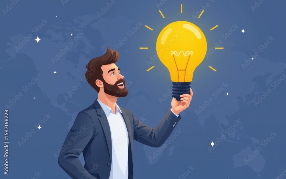 Poster man holding a light bulb with a world map background.