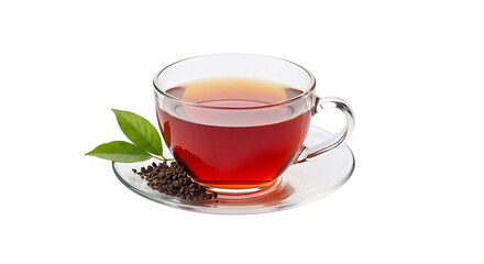 Glass cup of tea with leaves and loose tea on white background  