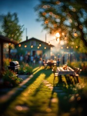 Blurred backyard party at sunset