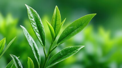 Obraz premium Green leaves with intricate textures against a soft, blurred background, showcasing nature's beauty.