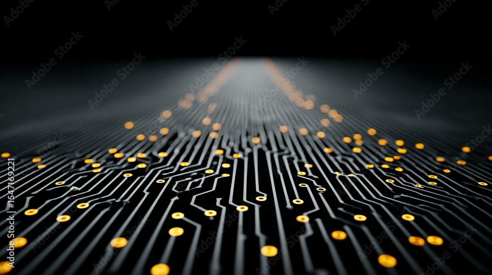 Poster detailed circuit board texture with illuminated components.