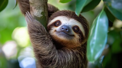 Fototapeta premium Serene sloth clinging to a branch amidst lush foliage in its natural habitat
