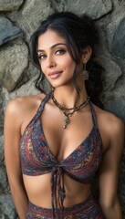 Naklejka premium A woman with a necklace and a purple top