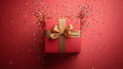 Elegant red gift box with golden ribbon surrounded by festive confetti celebration background