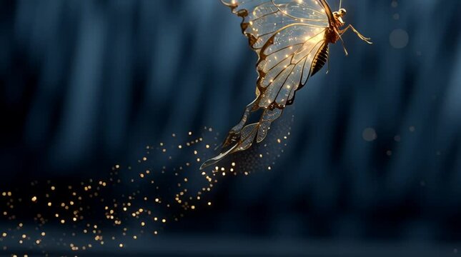 A gorgeous, glittering golden butterfly, its wings made up of countless tiny flashing lights and abstract symbols of effort, a broken silk cocoon in the lower left corner of the picture
