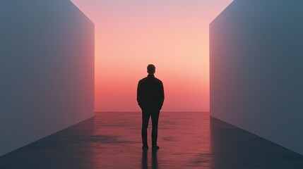 A solitary figure stands at the end of a corridor, facing a vibrant sunset.