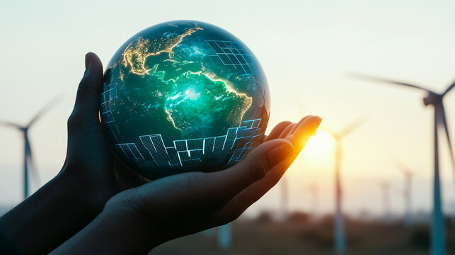 Global environmental awareness wind energy farm digital transformation renewable landscape inspirational viewpoint