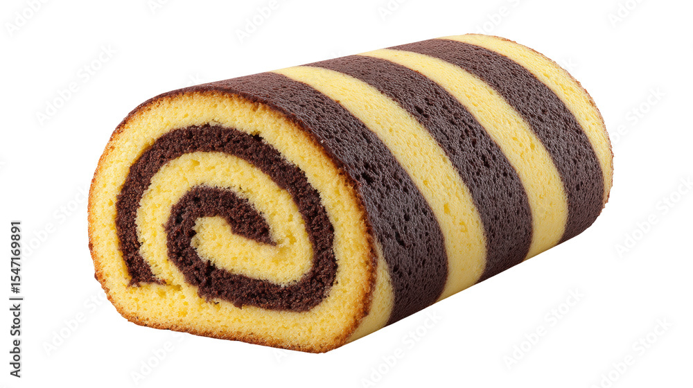Poster chocolate and vanilla striped swiss roll isolated on transparent background with soft texture