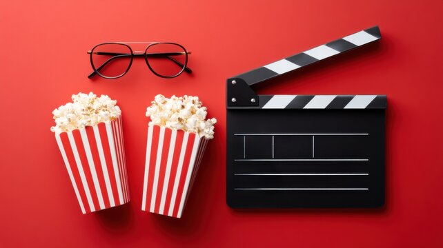 Popcorn, glasses, and a film clapperboard on a vibrant red background, symbolizing movie time.