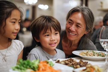 Naklejka premium multicultural family enjoying dinner with Korean and international food, 