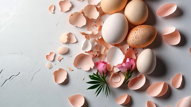 Natural eggs and broken eggshells with pink flowers on textured background