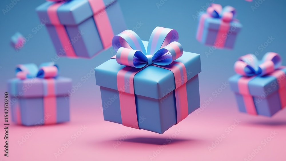 Poster colorful and playful floating gift boxes with bows in a soft blue and pink theme creating a festive 