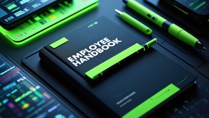 Comprehensive Employee Handbook in a Modern Workspace Setup with Tech Gadgets and Green Accents for Effective Team Integration and Communication
